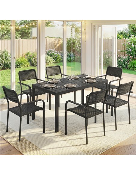 Outsunny Garden Dining Set for 6, Faux Wood Metal Outdoor Table and Stackable Chairs with Plastic Rattan Effect Seat, Black - pic 181561 | FastDaddyshop