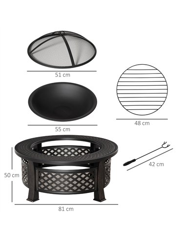 Outsunny Outdoor Fire Pit, Firepit with Grill Net, Mesh Lid, Poker, for Camping, Bonfire, Picnic, Bronze Tone