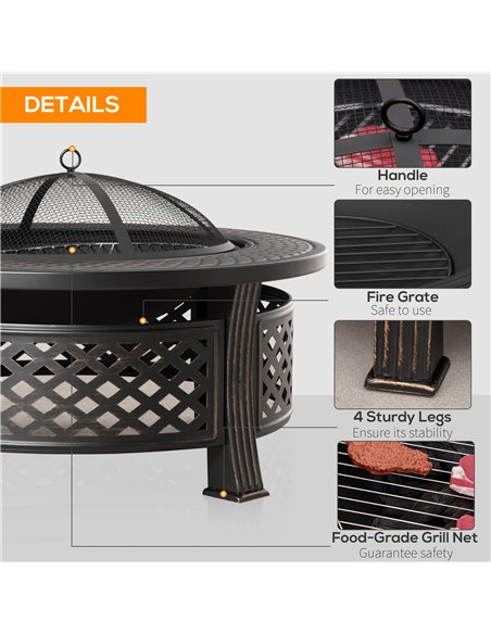 Outsunny Outdoor Fire Pit, Firepit with Grill Net, Mesh Lid, Poker, for Camping, Bonfire, Picnic, Bronze Tone - pic 181575 | FastDaddyshop