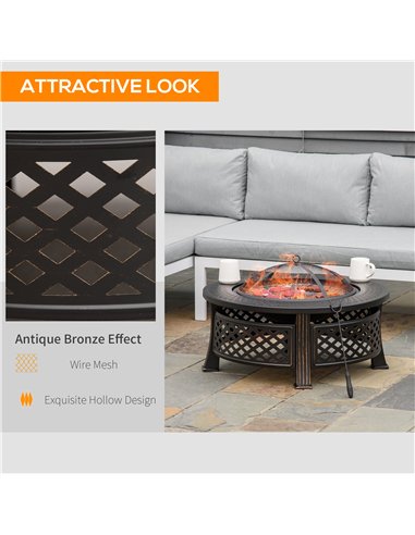 Outsunny Outdoor Fire Pit, Firepit with Grill Net, Mesh Lid, Poker, for Camping, Bonfire, Picnic, Bronze Tone