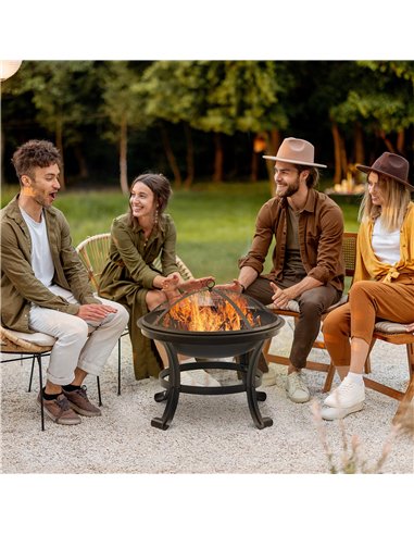 Outsunny Outdoor Fire Pit, Firepit with Mesh Lid, Poker, for Camping, Bonfire, Picnic, Black