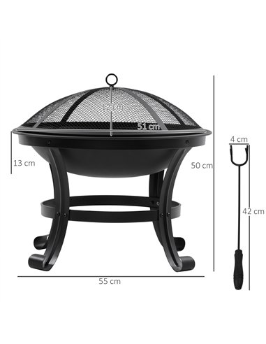 Outsunny Outdoor Fire Pit, Firepit with Mesh Lid, Poker, for Camping, Bonfire, Picnic, Black