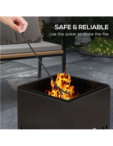 Outsunny Smokeless Fire Pit, 48 cm Portable Wood Burning Firepit, Square Metal Bonfire Stove with Poker, Black