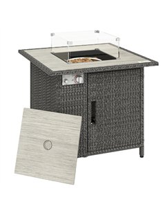 Outsunny 14.5 KW Rattan Gas Fire Pit Dining Table with Rain Cover, Wind Guard, Lid, Lava Rocks, Dark Grey