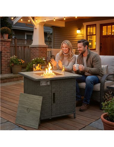 Outsunny 14.5 KW Rattan Gas Fire Pit Dining Table with Rain Cover, Wind Guard, Lid, Lava Rocks, Dark Grey