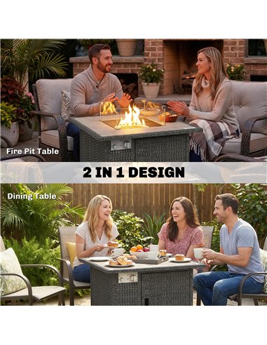 Outsunny 14.5 KW Rattan Gas Fire Pit Dining Table with Rain Cover, Wind Guard, Lid, Lava Rocks, Dark Grey