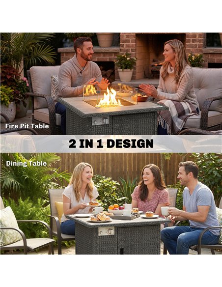 Outsunny 14.5 KW Rattan Gas Fire Pit Dining Table with Rain Cover, Wind Guard, Lid, Lava Rocks, Dark Grey - pic 181601 | FastDaddyshop