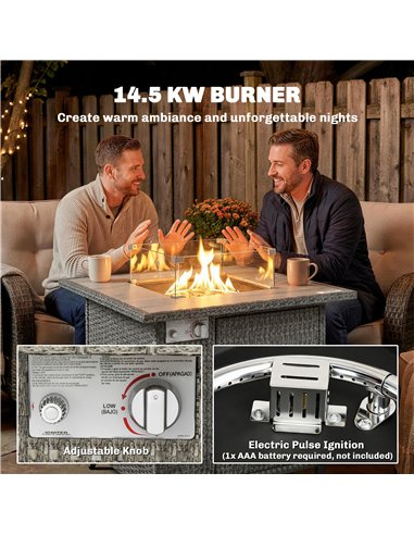 Outsunny 14.5 KW Rattan Gas Fire Pit Dining Table with Rain Cover, Wind Guard, Lid, Lava Rocks, Dark Grey