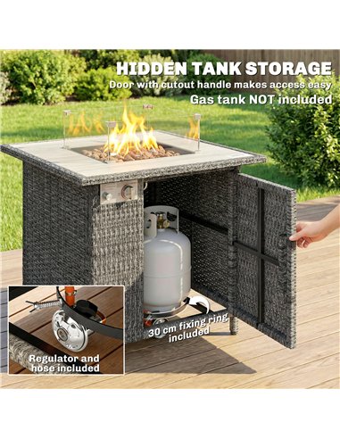 Outsunny 14.5 KW Rattan Gas Fire Pit Dining Table with Rain Cover, Wind Guard, Lid, Lava Rocks, Dark Grey