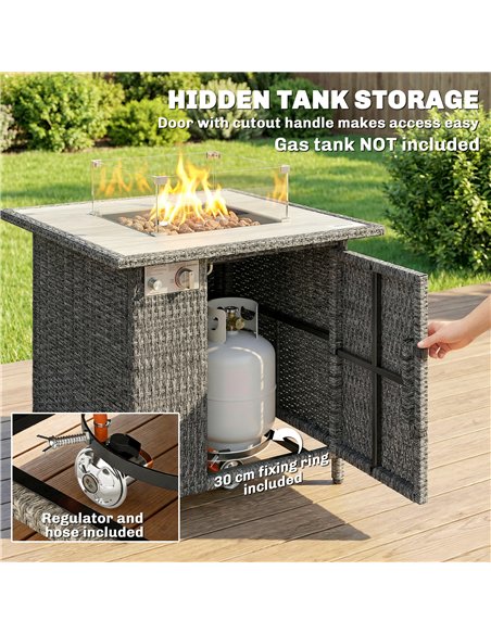 Outsunny 14.5 KW Rattan Gas Fire Pit Dining Table with Rain Cover, Wind Guard, Lid, Lava Rocks, Dark Grey - pic 181603 | FastDaddyshop