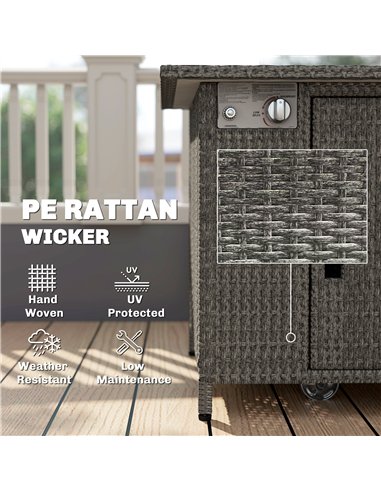 Outsunny 14.5 KW Rattan Gas Fire Pit Dining Table with Rain Cover, Wind Guard, Lid, Lava Rocks, Dark Grey