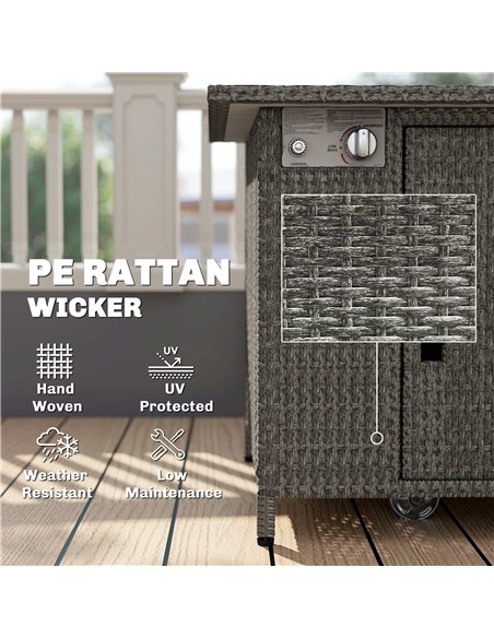 Outsunny 14.5 KW Rattan Gas Fire Pit Dining Table with Rain Cover, Wind Guard, Lid, Lava Rocks, Dark Grey - pic 181605 | FastDaddyshop