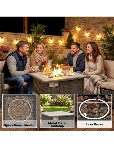Outsunny 14.5 KW Rattan Gas Fire Pit Dining Table with Rain Cover, Wind Guard, Lid, Lava Rocks, Dark Grey