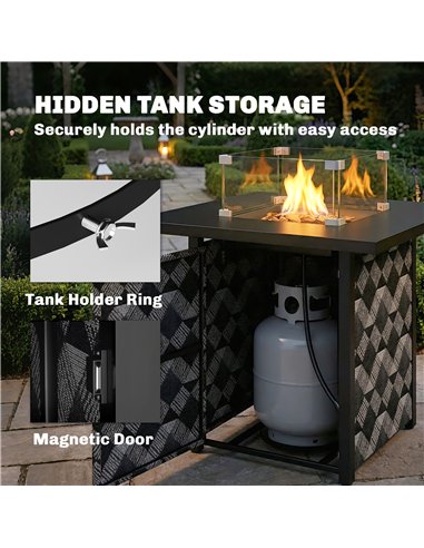 Outsunny Square Propane Gas Fire Pit Table, 12 KW Firepit with Glass Wind Guard, Lava Rocks, Gas Tank Holder