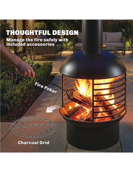 Outsunny Chimney Fire Pit, Portable Wood Burning Firepit with Poker, Charcoal Grid, Outdoor Fireplace for Garden Patio, Black - pic 181621 | FastDaddyshop