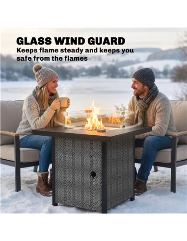 Outsunny Propane Gas Fire Pit Table for Garden, 11.7 KW Smokeless Firepit Outdoor Heater with Wind Guard, Glass Rocks, Lid, Blac