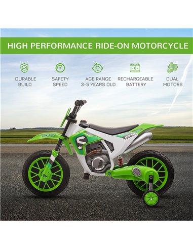 HOMCOM 3+ Kids 12V Electric Motorbike with Training Wheels, Green