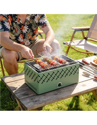 Outsunny Portable Charcoal BBQ Grill, Battery Powered Barbecue Grill with Built-in Fan for Camping Picnic, Light Green