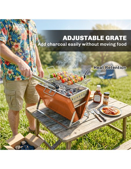 Outsunny Charcoal BBQ Grill Portable Stainless Steel Barbecue with Tilting Grate for Camping Picnic Garden Orange - pic 181683 | FastDaddyshop