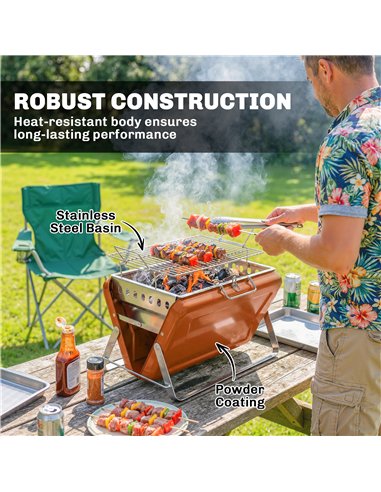 Outsunny Charcoal BBQ Grill Portable Stainless Steel Barbecue with Tilting Grate for Camping Picnic Garden Orange
