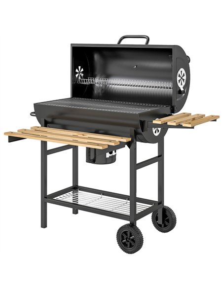 Outsunny Charcoal Grill, Barrel BBQ Smoker with Warming Rack, Charcoal BBQ Grill with Foldable Shelves, Natural Wood and Black - pic 181706 | FastDaddyshop