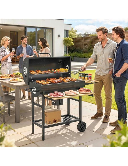 Outsunny Charcoal Grill, Barrel BBQ Smoker with Warming Rack, Charcoal BBQ Grill with Foldable Shelves, Natural Wood and Black - pic 181707 | FastDaddyshop
