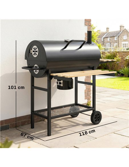 Outsunny Charcoal Grill, Barrel BBQ Smoker with Warming Rack, Charcoal BBQ Grill with Foldable Shelves, Natural Wood and Black - pic 181708 | FastDaddyshop
