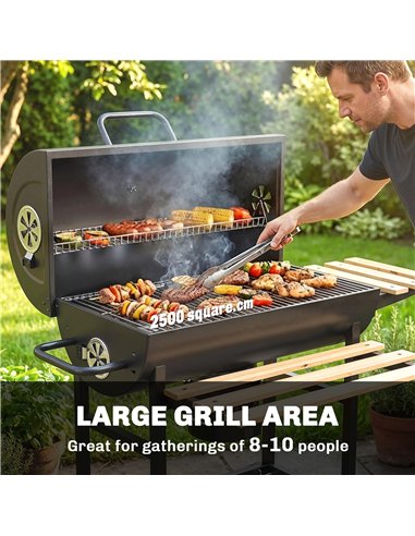Outsunny Charcoal Grill, Barrel BBQ Smoker with Warming Rack, Charcoal BBQ Grill with Foldable Shelves, Natural Wood and Black