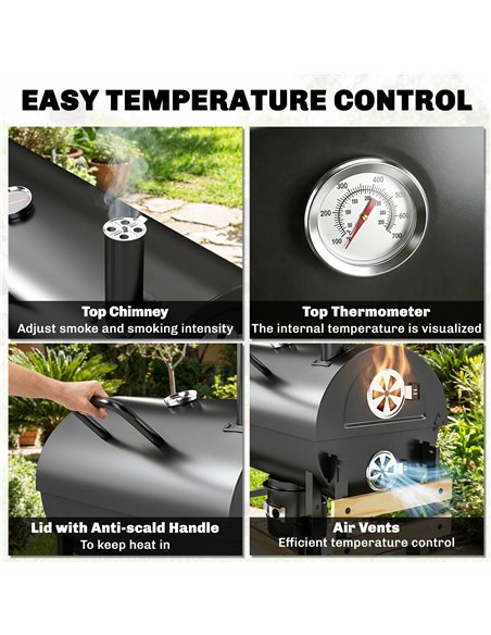 Outsunny Charcoal Grill, Barrel BBQ Smoker with Warming Rack, Charcoal BBQ Grill with Foldable Shelves, Natural Wood and Black - pic 181710 | FastDaddyshop