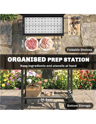 Outsunny Charcoal Grill, Barrel BBQ Smoker with Warming Rack, Charcoal BBQ Grill with Foldable Shelves, Natural Wood and Black