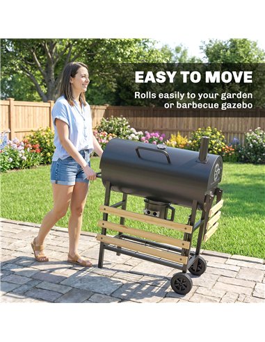 Outsunny Charcoal Grill, Barrel BBQ Smoker with Warming Rack, Charcoal BBQ Grill with Foldable Shelves, Natural Wood and Black