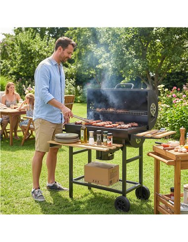 Outsunny Charcoal Grill, Barrel BBQ Smoker with Warming Rack, Charcoal BBQ Grill with Foldable Shelves, Natural Wood and Black