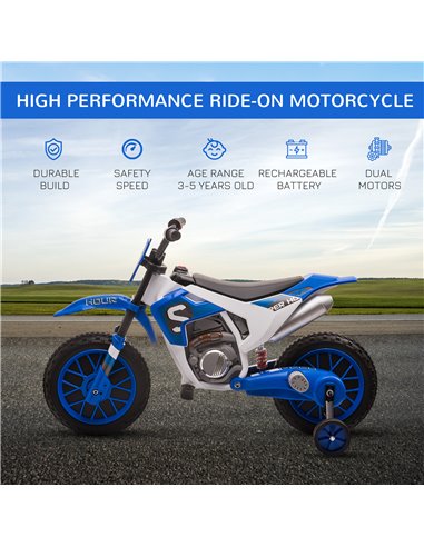 HOMCOM 3+ Kids 12V Electric Motorbike with Training Wheels, Blue