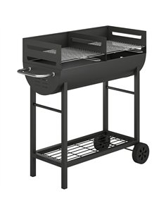 Outsunny Charcoal Barbecue Grill with 2 Cooking Areas, Portable BBQ Trolley with Wheels, Height Adjustable Grates, Bottom Shelf