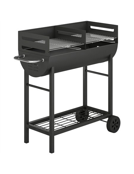 Outsunny Charcoal Barbecue Grill with 2 Cooking Areas, Portable BBQ Trolley with Wheels, Height Adjustable Grates, Bottom Shelf - pic 181733 | FastDaddyshop
