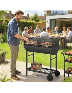 Outsunny Charcoal Barbecue Grill with 2 Cooking Areas, Portable BBQ Trolley with Wheels, Height Adjustable Grates, Bottom Shelf 2
