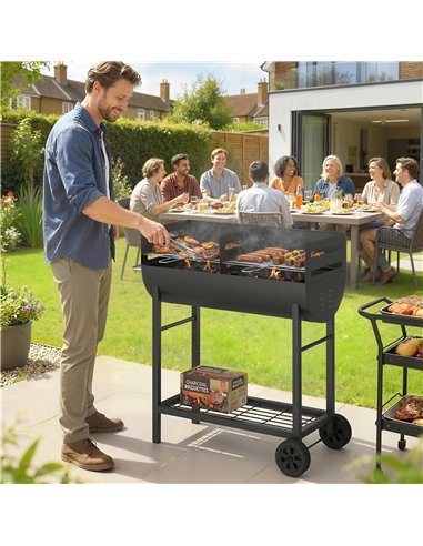 Outsunny Charcoal Barbecue Grill with 2 Cooking Areas, Portable BBQ Trolley with Wheels, Height Adjustable Grates, Bottom Shelf