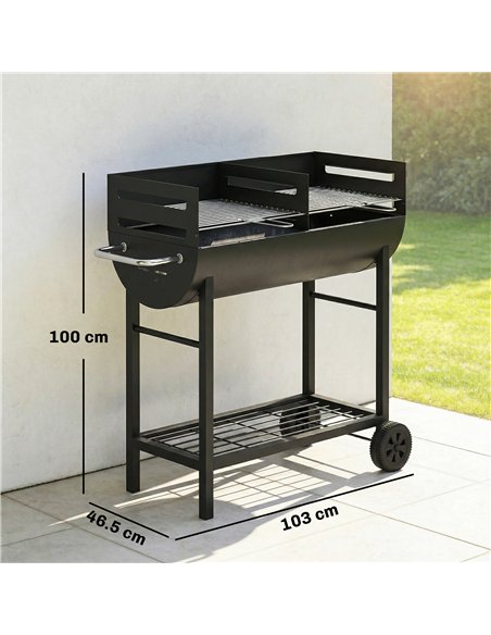 Outsunny Charcoal Barbecue Grill with 2 Cooking Areas, Portable BBQ Trolley with Wheels, Height Adjustable Grates, Bottom Shelf - pic 181735 | FastDaddyshop