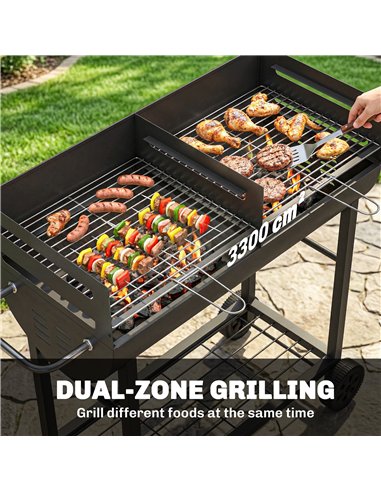 Outsunny Charcoal Barbecue Grill with 2 Cooking Areas, Portable BBQ Trolley with Wheels, Height Adjustable Grates, Bottom Shelf