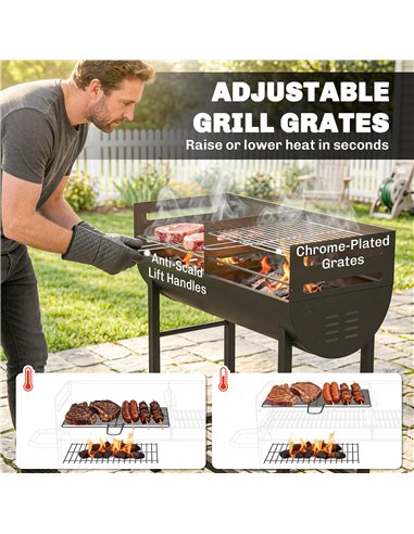 Outsunny Charcoal Barbecue Grill with 2 Cooking Areas, Portable BBQ Trolley with Wheels, Height Adjustable Grates, Bottom Shelf