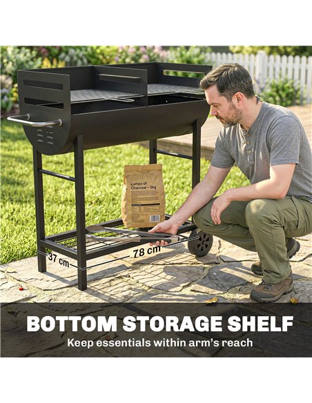 Outsunny Charcoal Barbecue Grill with 2 Cooking Areas, Portable BBQ Trolley with Wheels, Height Adjustable Grates, Bottom Shelf - pic 181738 | FastDaddyshop