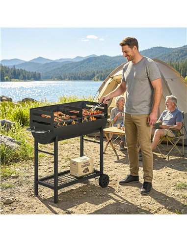Outsunny Charcoal Barbecue Grill with 2 Cooking Areas, Portable BBQ Trolley with Wheels, Height Adjustable Grates, Bottom Shelf