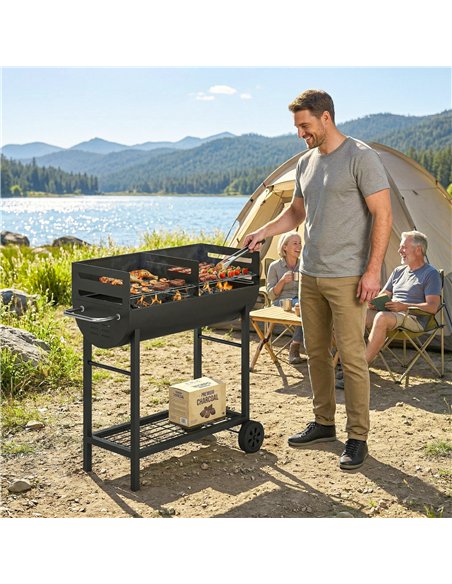 Outsunny Charcoal Barbecue Grill with 2 Cooking Areas, Portable BBQ Trolley with Wheels, Height Adjustable Grates, Bottom Shelf - pic 181741 | FastDaddyshop