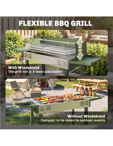 Outsunny BBQ Rotisserie Grill Roaster Charcoal Spit Roasting Machine for Chicken Turkey with 3-Level Grill Grate, Side Shelves, 