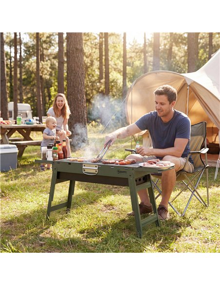 Outsunny Portable BBQ Grill, Foldable Charcoal Grill for Camping and Picnics with 2 Side Shelves and Handle, Green - pic 181779 | FastDaddyshop