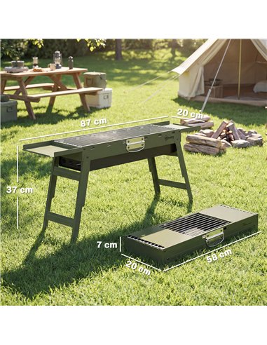 Outsunny Portable BBQ Grill, Foldable Charcoal Grill for Camping and Picnics with 2 Side Shelves and Handle, Green