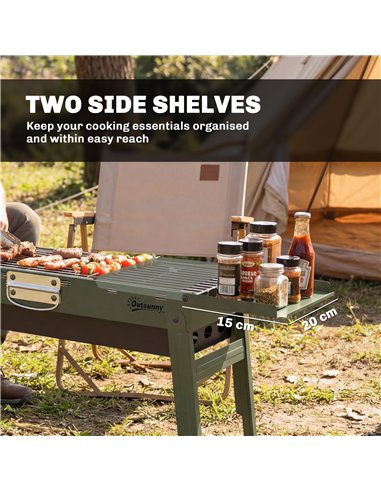 Outsunny Portable BBQ Grill, Foldable Charcoal Grill for Camping and Picnics with 2 Side Shelves and Handle, Green