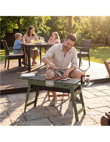 Outsunny Portable BBQ Grill, Foldable Charcoal Grill for Camping and Picnics with 2 Side Shelves and Handle, Green