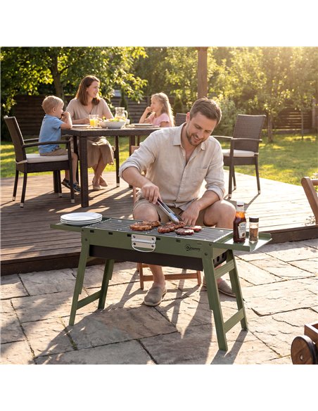 Outsunny Portable BBQ Grill, Foldable Charcoal Grill for Camping and Picnics with 2 Side Shelves and Handle, Green - pic 181784 | FastDaddyshop