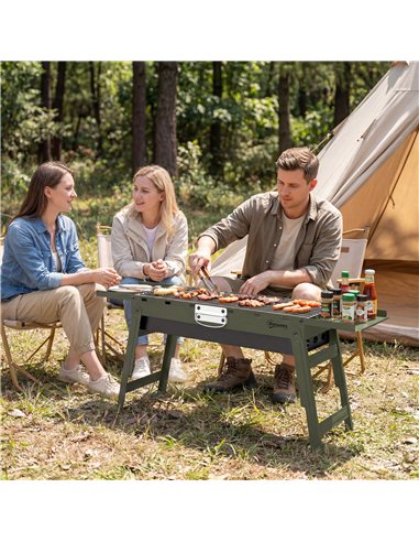 Outsunny Portable BBQ Grill, Foldable Charcoal Grill for Camping and Picnics with 2 Side Shelves and Handle, Green